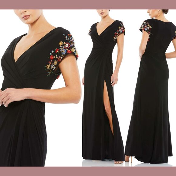NWT $498 IEENA Mac Duggal [ 8 ] Embellished Sleeve Jersey Wrap Gown Black #G1968 - Picture 1 of 16